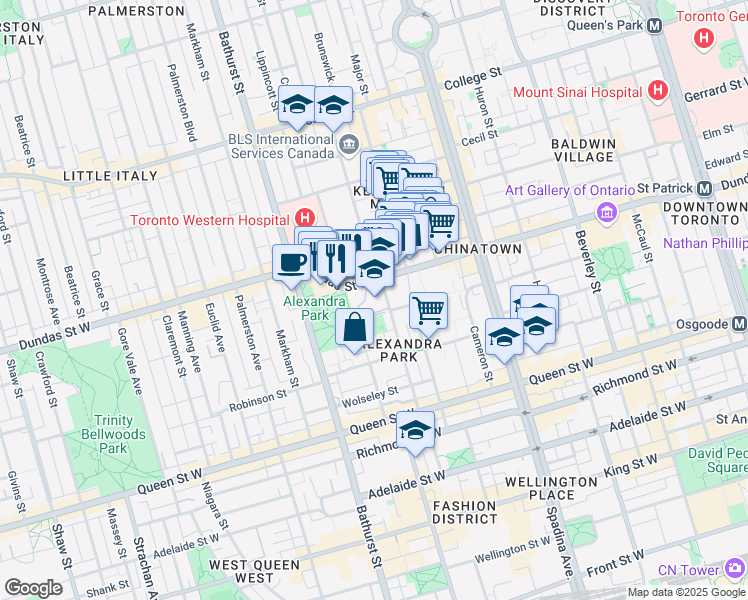map of restaurants, bars, coffee shops, grocery stores, and more near in Toronto