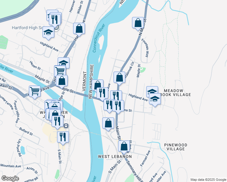 map of restaurants, bars, coffee shops, grocery stores, and more near 117 North Main Street in Lebanon