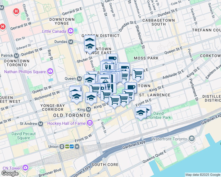 map of restaurants, bars, coffee shops, grocery stores, and more near 82 Adelaide Street East in Toronto