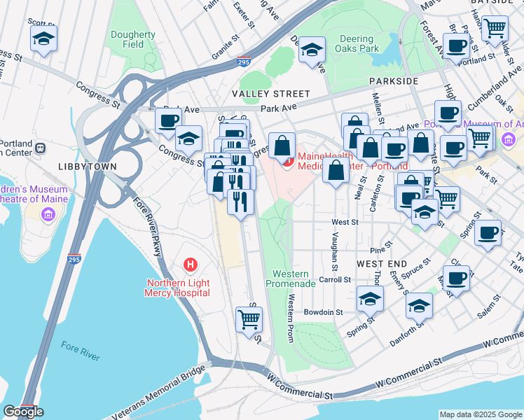 map of restaurants, bars, coffee shops, grocery stores, and more near 221 Valley Street in Portland