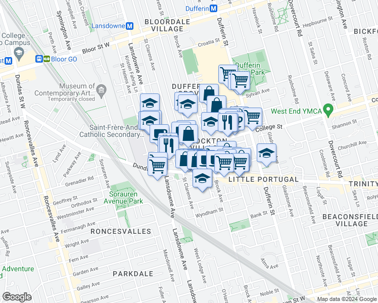 map of restaurants, bars, coffee shops, grocery stores, and more near 1239 College Street in Toronto