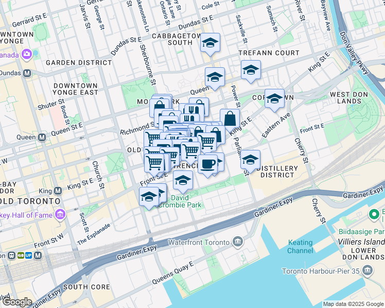 map of restaurants, bars, coffee shops, grocery stores, and more near 311 King Street East in Toronto