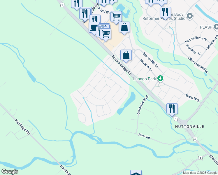 map of restaurants, bars, coffee shops, grocery stores, and more near 132 Blue Silo Way in Brampton