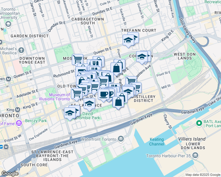 map of restaurants, bars, coffee shops, grocery stores, and more near 351 King Street East in Toronto