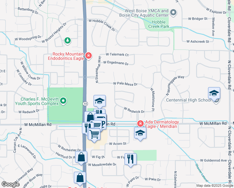 map of restaurants, bars, coffee shops, grocery stores, and more near 13433 West Tapatio Drive in Boise