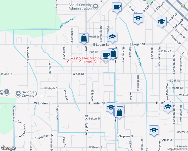 map of restaurants, bars, coffee shops, grocery stores, and more near 202 East Ash Street in Caldwell