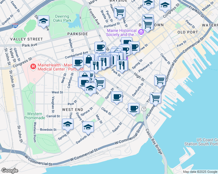map of restaurants, bars, coffee shops, grocery stores, and more near 144 State Street in Portland