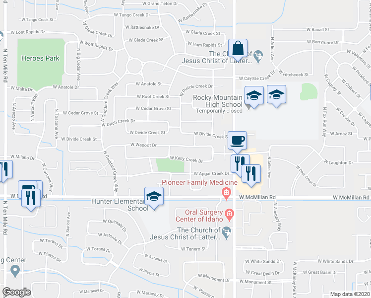 map of restaurants, bars, coffee shops, grocery stores, and more near 1955 West Wapoot Drive in Meridian