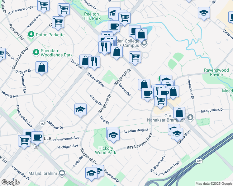 map of restaurants, bars, coffee shops, grocery stores, and more near Windmill Boulevard in Brampton