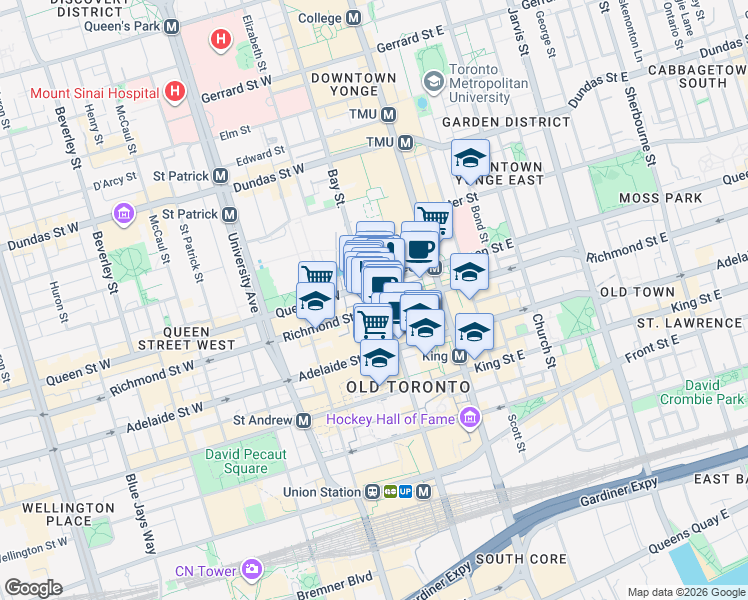 map of restaurants, bars, coffee shops, grocery stores, and more near 1202-390 Bay Street in Toronto