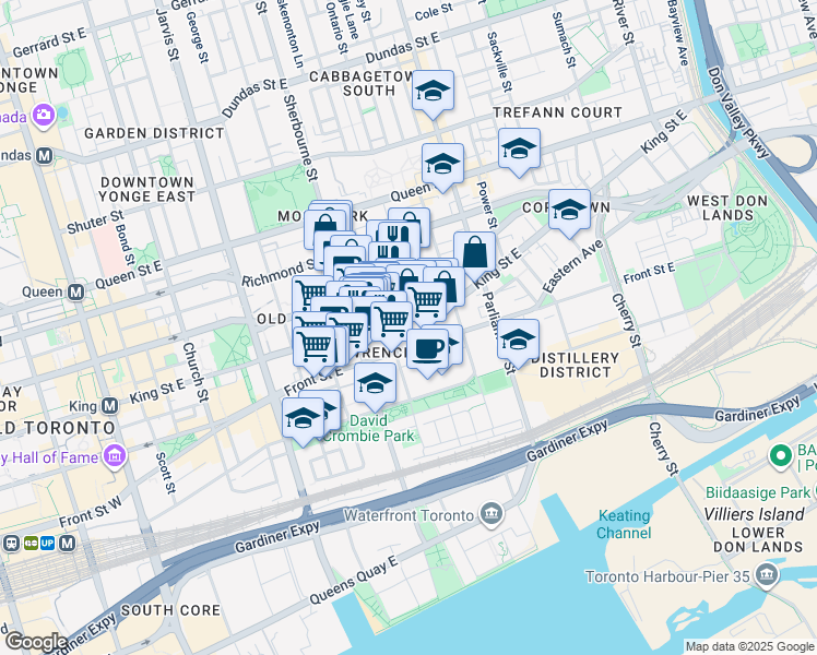 map of restaurants, bars, coffee shops, grocery stores, and more near 266 King Street East in Toronto