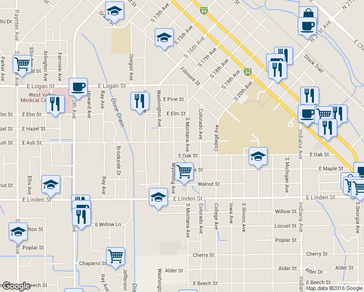 map of restaurants, bars, coffee shops, grocery stores, and more near 1224 East Ash Street in Caldwell