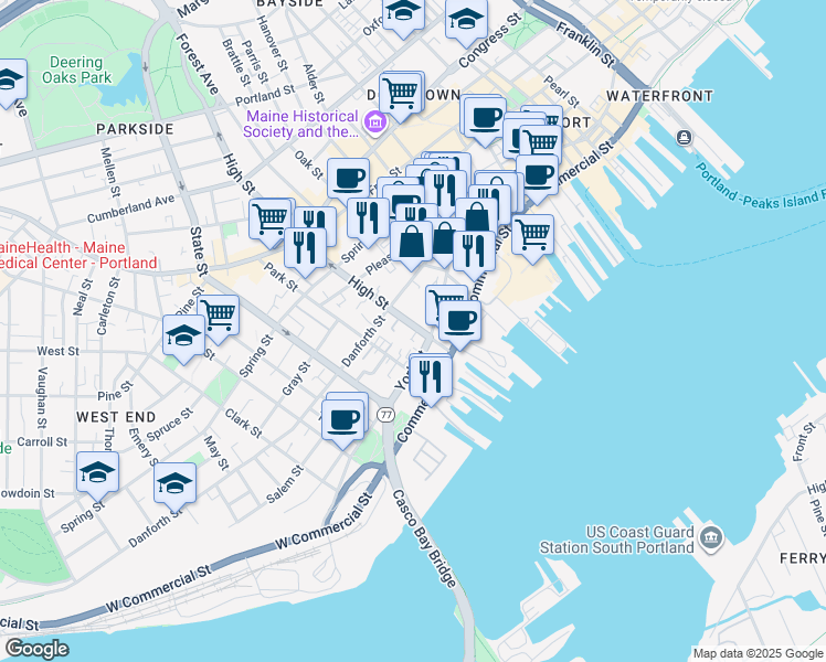 map of restaurants, bars, coffee shops, grocery stores, and more near 27 High Street in Portland