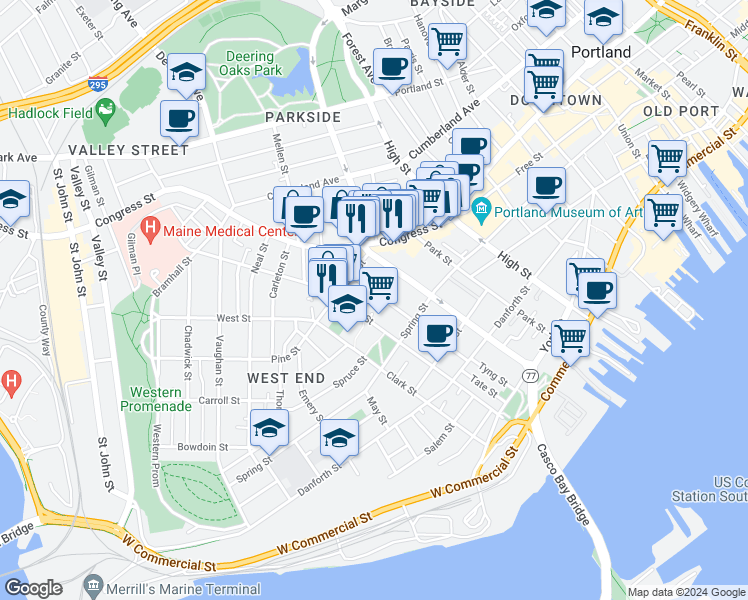 map of restaurants, bars, coffee shops, grocery stores, and more near 144 Maine 77 in Portland
