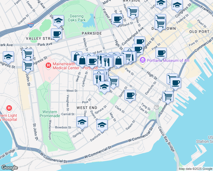 map of restaurants, bars, coffee shops, grocery stores, and more near 183 Brackett Street in Portland