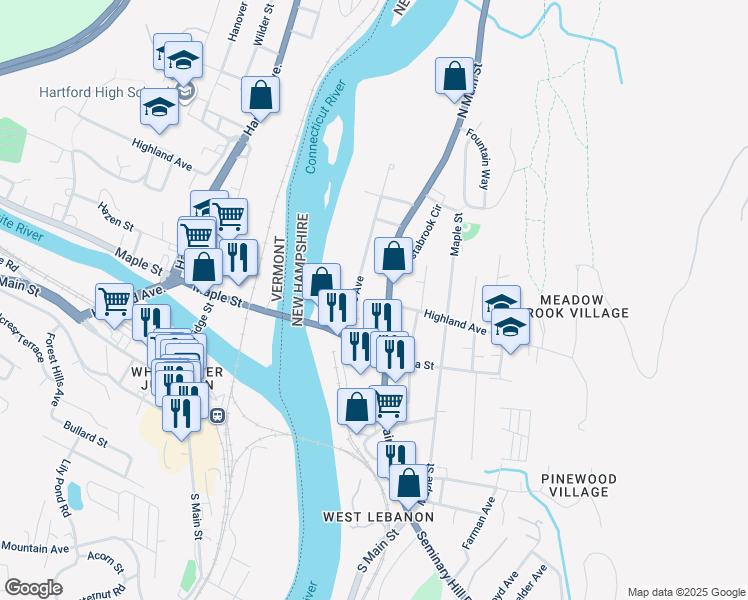 map of restaurants, bars, coffee shops, grocery stores, and more near 117 North Main Street in Lebanon