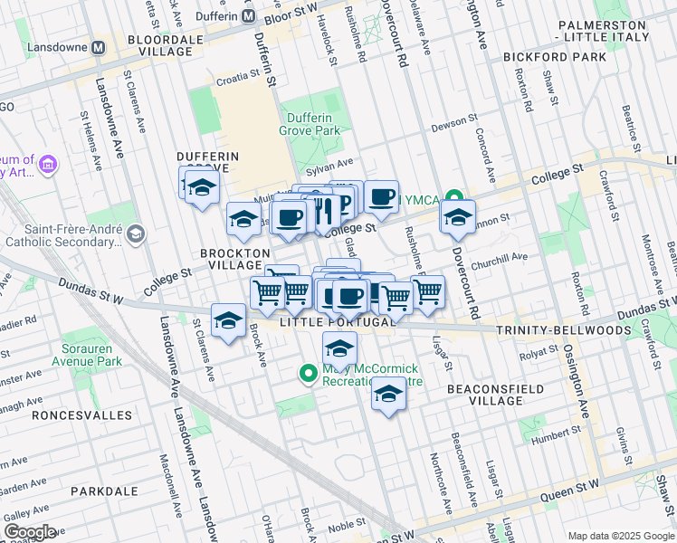 map of restaurants, bars, coffee shops, grocery stores, and more near in Toronto