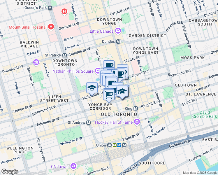 map of restaurants, bars, coffee shops, grocery stores, and more near 394 Bay Street in Toronto