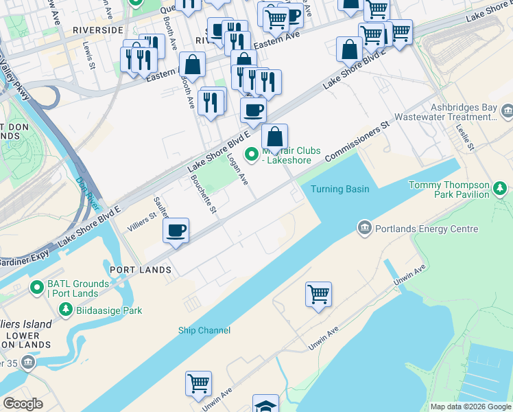 map of restaurants, bars, coffee shops, grocery stores, and more near 495 Commissioners Street in Toronto