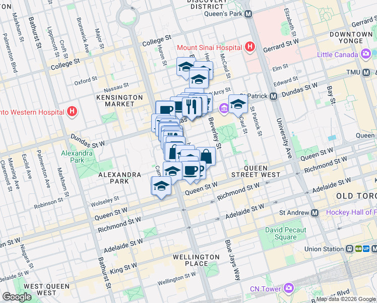 map of restaurants, bars, coffee shops, grocery stores, and more near 46 Sullivan Street in Toronto