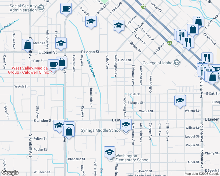 map of restaurants, bars, coffee shops, grocery stores, and more near 1004 East Ash Street in Caldwell