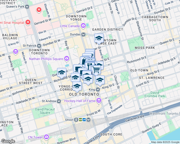 map of restaurants, bars, coffee shops, grocery stores, and more near 176 Yonge Street in Toronto