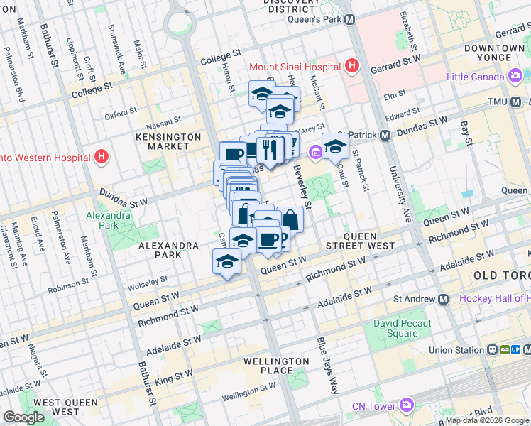 map of restaurants, bars, coffee shops, grocery stores, and more near 46 Sullivan Street in Toronto
