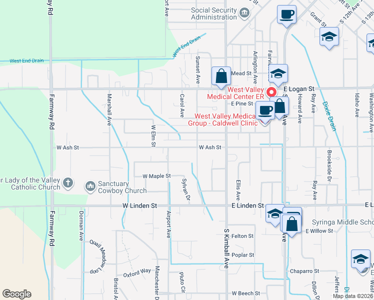 map of restaurants, bars, coffee shops, grocery stores, and more near 317 West Ash Street in Caldwell