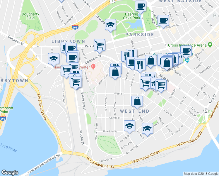 map of restaurants, bars, coffee shops, grocery stores, and more near 131 Chadwick Street in Portland