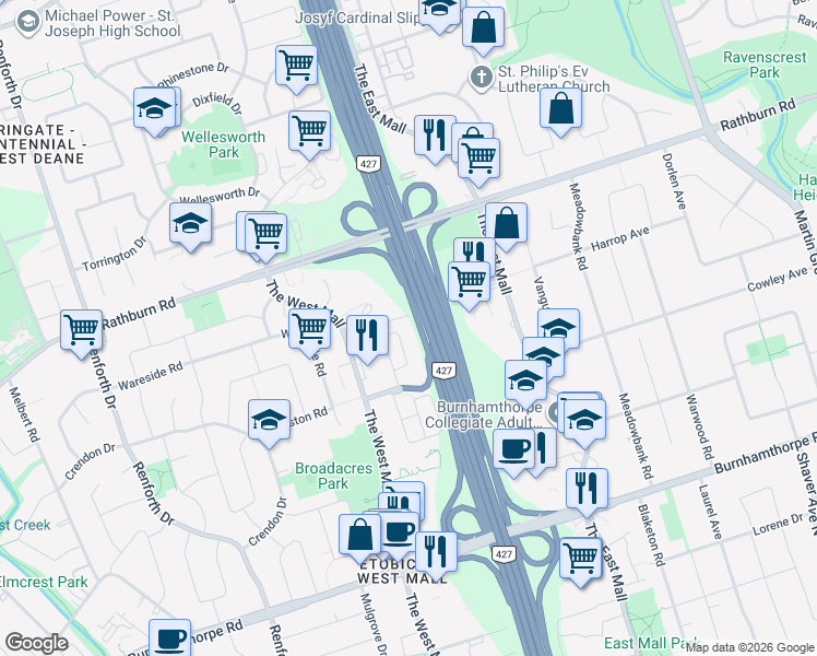 map of restaurants, bars, coffee shops, grocery stores, and more near 27 Applewood Lane in Toronto