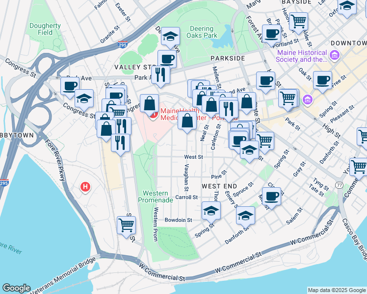 map of restaurants, bars, coffee shops, grocery stores, and more near 212 Vaughan Street in Portland