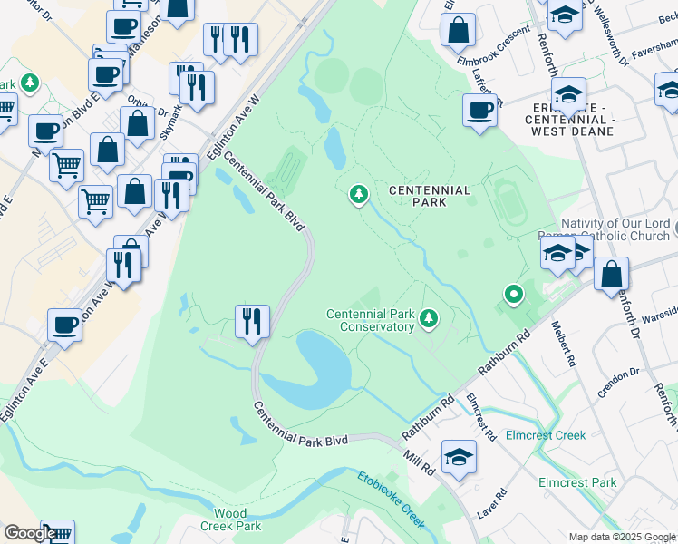 map of restaurants, bars, coffee shops, grocery stores, and more near 575 Centennial Park Boulevard in Toronto