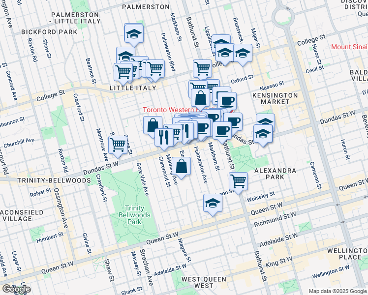 map of restaurants, bars, coffee shops, grocery stores, and more near in Toronto