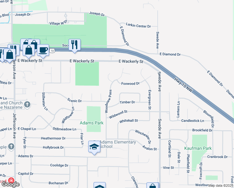 map of restaurants, bars, coffee shops, grocery stores, and more near 1213 Montague Street in Midland