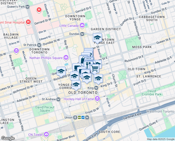 map of restaurants, bars, coffee shops, grocery stores, and more near 1 Richmond Street West in Toronto