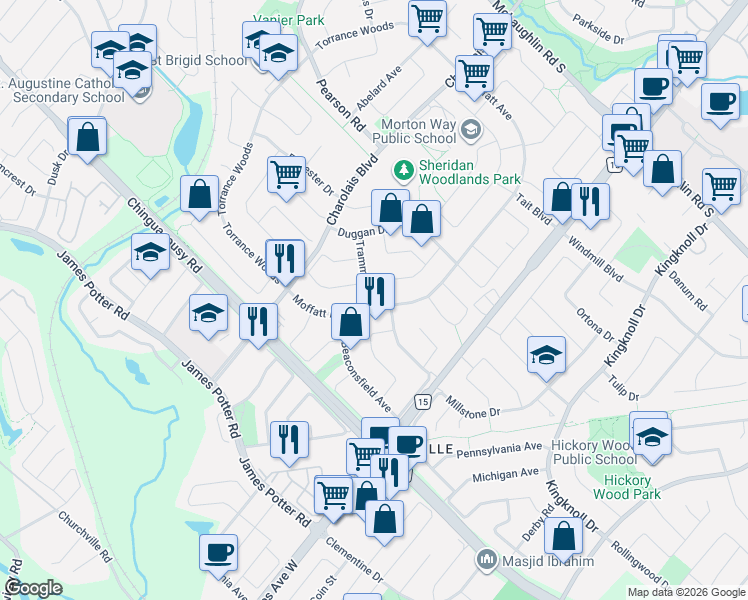 map of restaurants, bars, coffee shops, grocery stores, and more near 144 Moffatt Avenue in Brampton