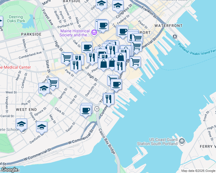 map of restaurants, bars, coffee shops, grocery stores, and more near 27 High Street in Portland