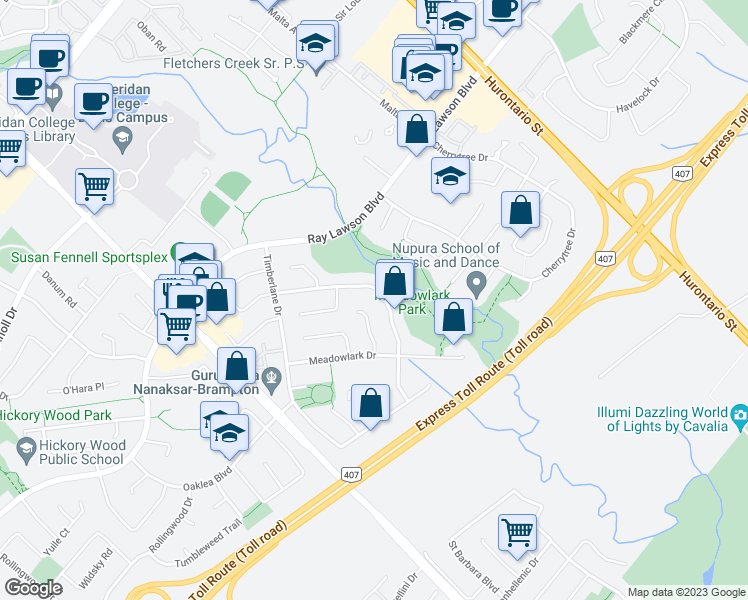 map of restaurants, bars, coffee shops, grocery stores, and more near 59 Ravenswood Drive in Brampton