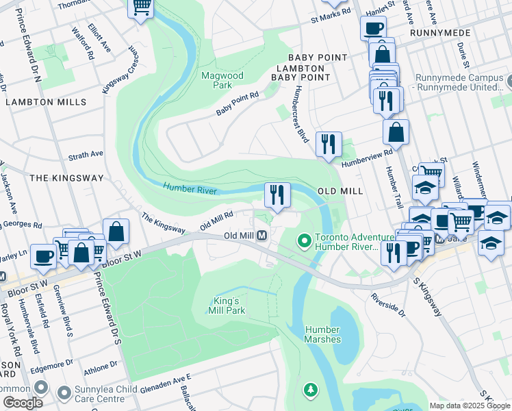 map of restaurants, bars, coffee shops, grocery stores, and more near 62 Old Mill Road in Toronto