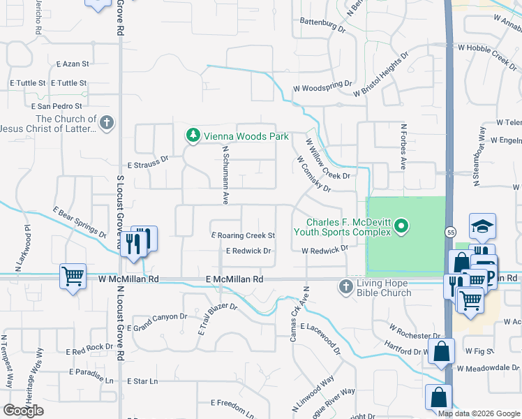 map of restaurants, bars, coffee shops, grocery stores, and more near 2315 East Meadow Creek Drive in Meridian