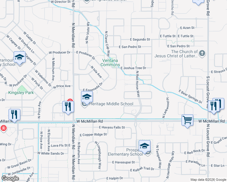 map of restaurants, bars, coffee shops, grocery stores, and more near 5103 North Zamora Way in Meridian