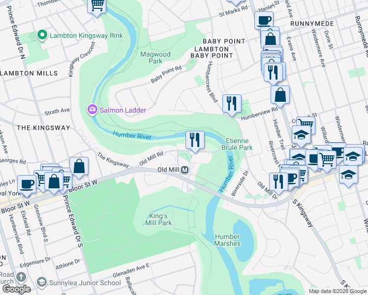 map of restaurants, bars, coffee shops, grocery stores, and more near 62 Old Mill Road in Toronto