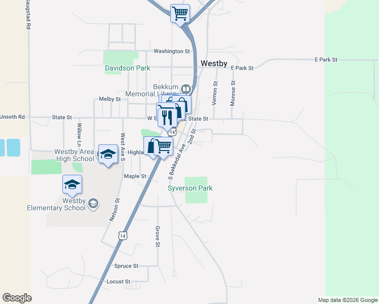 map of restaurants, bars, coffee shops, grocery stores, and more near 213 2nd Street in Westby