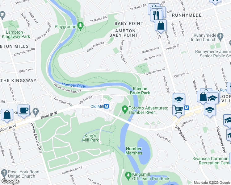 map of restaurants, bars, coffee shops, grocery stores, and more near 30 Old Mill Road in Toronto