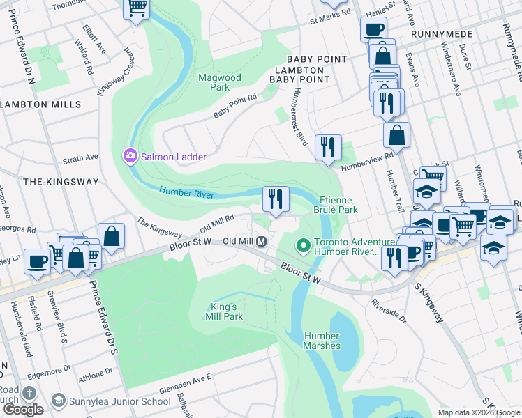 map of restaurants, bars, coffee shops, grocery stores, and more near 50 Old Mill Road in Toronto