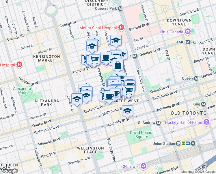 map of restaurants, bars, coffee shops, grocery stores, and more near 50 Stephanie Street in Toronto