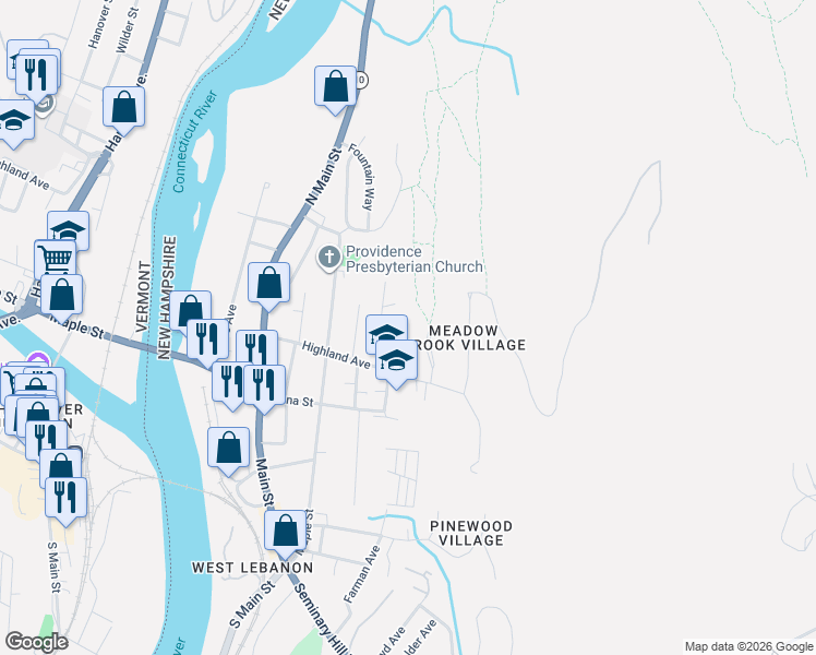 map of restaurants, bars, coffee shops, grocery stores, and more near 10 Spring Street West in Lebanon