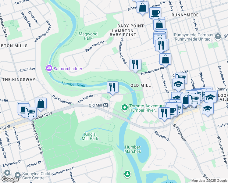 map of restaurants, bars, coffee shops, grocery stores, and more near 30 Old Mill Road in Toronto