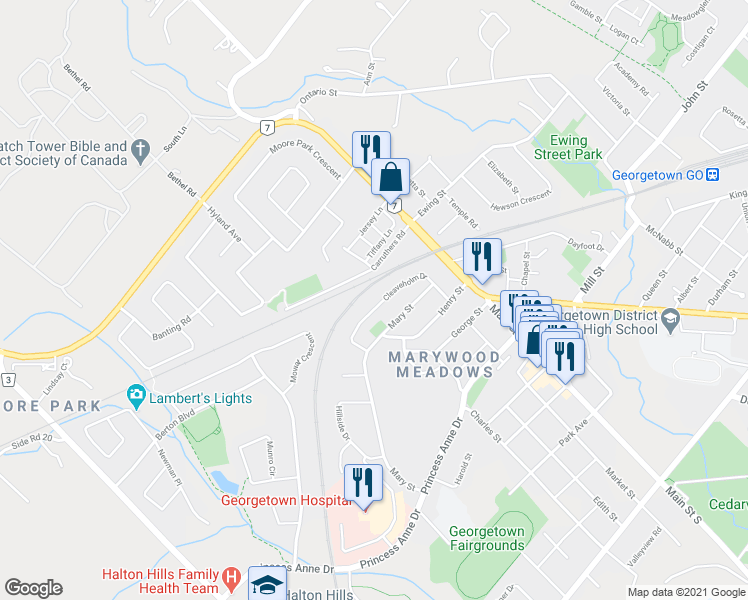 map of restaurants, bars, coffee shops, grocery stores, and more near 36 Cleaveholm Drive in Halton Hills