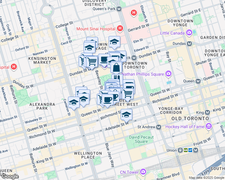map of restaurants, bars, coffee shops, grocery stores, and more near 30 Stephanie Street in Toronto